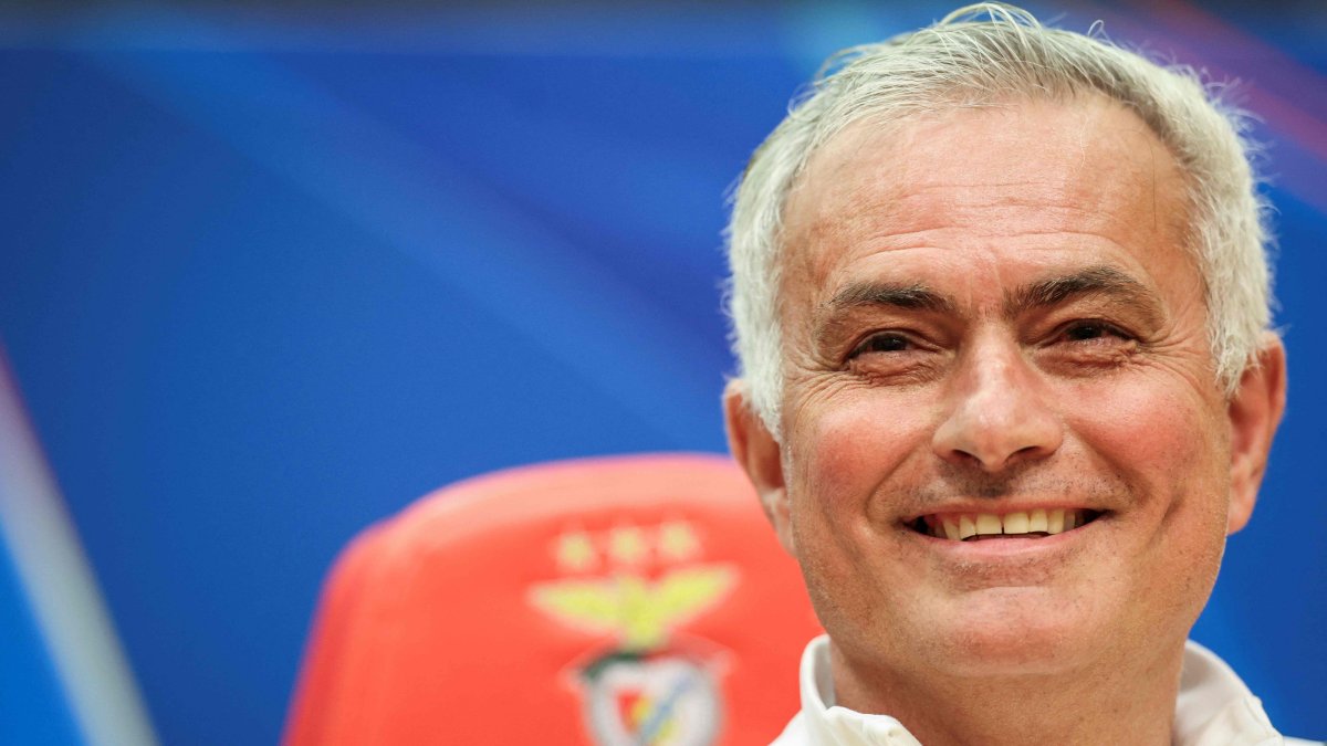 Benfica's coach Jose Mourinho reacts during a press conference on the eve of their UEFA Champions League knockout round playoff first leg football match against Real Madrid at Benfica Campus, Seixal, outskirts of Lisbon, Portugal, Feb. 16, 2026. (AFP Photo)