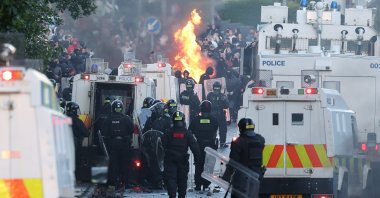 Protesters set fires during disorder on Antrim Road in Newtownabbey, Belfast, Northern Ireland, June 10, 2026. (EPA Photo)