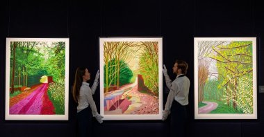 A group of iPad drawings by David Hockney goes on public view at Sotheby's, London, U.K., Feb. 26, 2026. (Getty Images Photo)