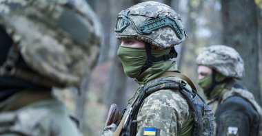 Ukrainian soldiers of the 54th Mechanized Brigade are seen during military training at an unspecified location in, Ukraine, Oct. 1, 2025. (Getty Images Photo)