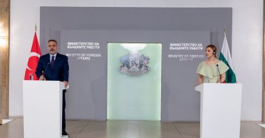 Foreign Minister Hakan Fidan (L) speaks at the joint news conference with Bulgarian Foreign Minister Velislava Petrova-Chamova, Sofia, Bulgaria, June 11, 2026. (AA Photo)