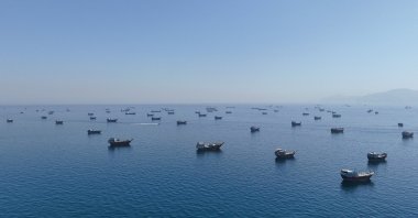 A drone view of vessels anchored in the Strait of Hormuz as seen from Musandam, Oman, June 8, 2026. (Reuters Photo)