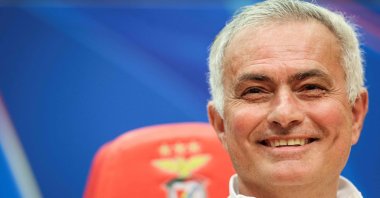 Benfica's coach Jose Mourinho reacts during a press conference on the eve of their UEFA Champions League knockout round playoff first leg football match against Real Madrid at Benfica Campus, Seixal, outskirts of Lisbon, Portugal, Feb. 16, 2026. (AFP Photo)