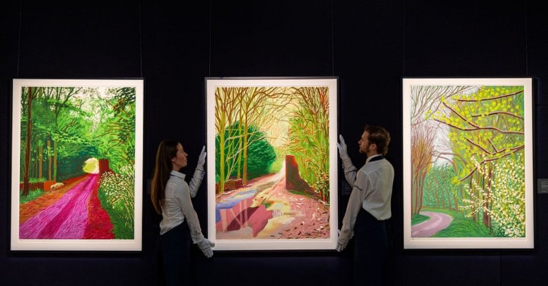 A group of iPad drawings by David Hockney goes on public view at Sotheby's, London, U.K., Feb. 26, 2026. (Getty Images Photo)