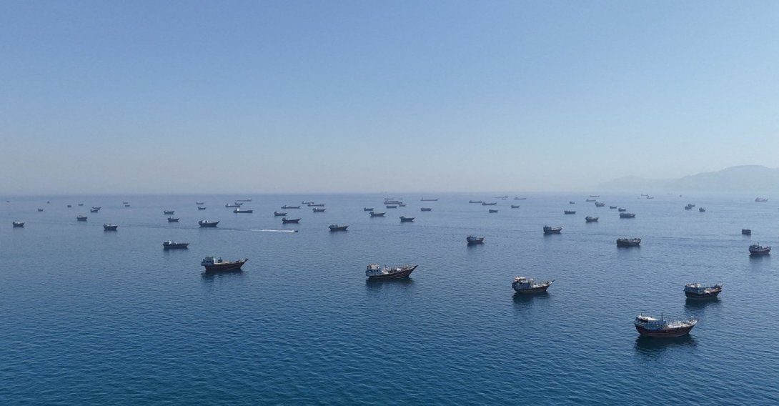 A drone view of vessels anchored in the Strait of Hormuz as seen from Musandam, Oman, June 8, 2026. (Reuters Photo)