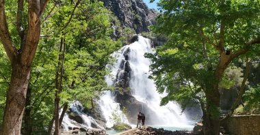 Water flows from Uçansu Waterfall, fed by snowmelt from the Toros Mountains, Antalya, Türkiye, June 8, 2026. (AA Photo)