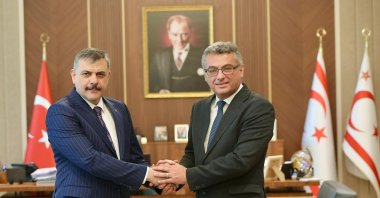 Interior Minister Mustafa Çiftçi and Turkish Republic of Northern Cyprus (TRNC) President Tufan Erhürman shake hands during an official visit, Lefkosa, TRNC, June 10, 2026. (DHA Photo)