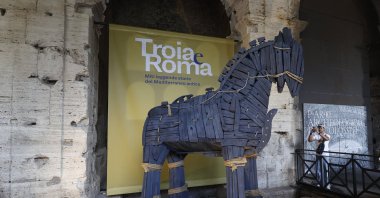 The Trojan horse on display at the “Troy and Rome: Myths, Legends and Stories of the Ancient Mediterranean” exhibition at the Colosseum, Rome, Italy, June 11, 2026. (AA Photo)