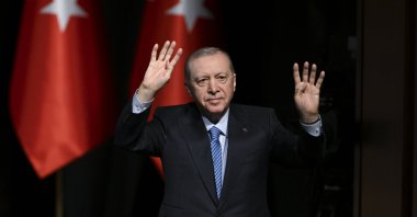 President Recep Tayyip Erdoğan salutes audience following his speech at a gathering, Ankara, Türkiye, June 11, 2026. (AA Photo)
