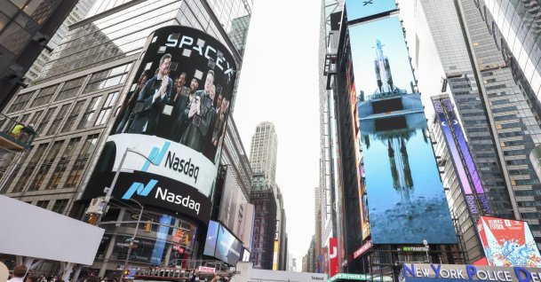 SpaceX founder and CEO Elon Musk is shown on a screen celebrating the company’s debut on the Nasdaq market in New York, New York, U.S., June 12, 2026. (EPA Photo)