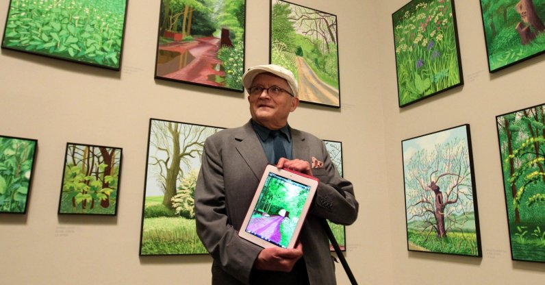 A file photo dated May 14, 2012 (reissued on June 12, 2026) shows British artist David Hockney posing during the presentation of his exhibition "David Hockney: A Wider Perspective" at the Guggenheim Museum, Bilbao, Spain. (EPA Photo)