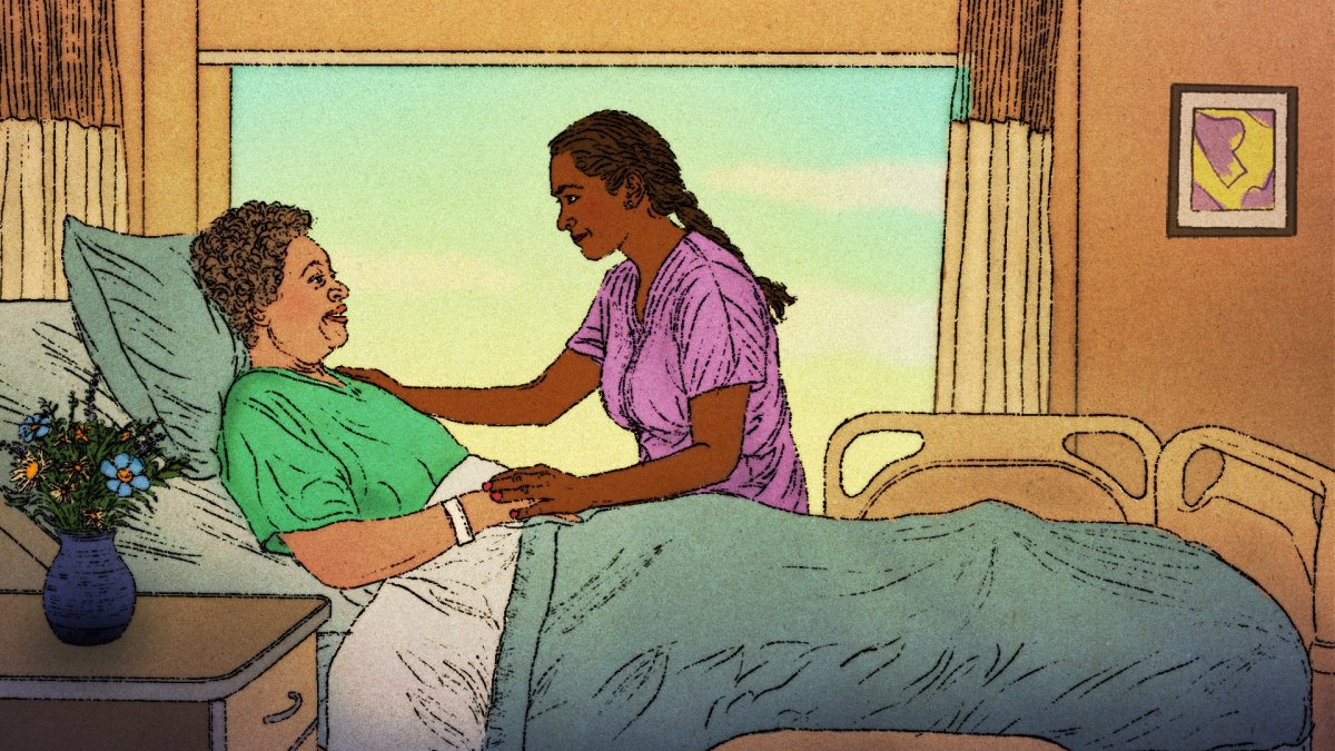 An illustration of a health care provider at the bedside of a patient. (AP Photo)