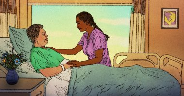 An illustration of a health care provider at the bedside of a patient. (AP Photo)