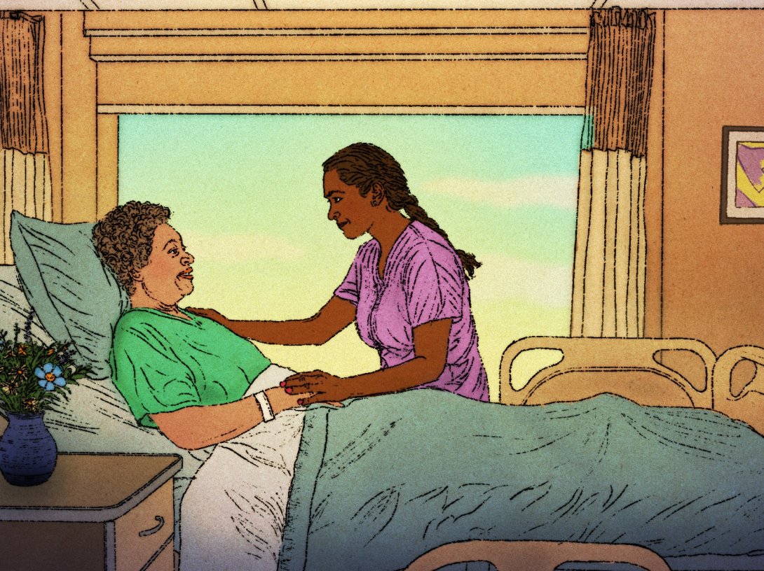 An illustration of a health care provider at the bedside of a patient. (AP Photo)