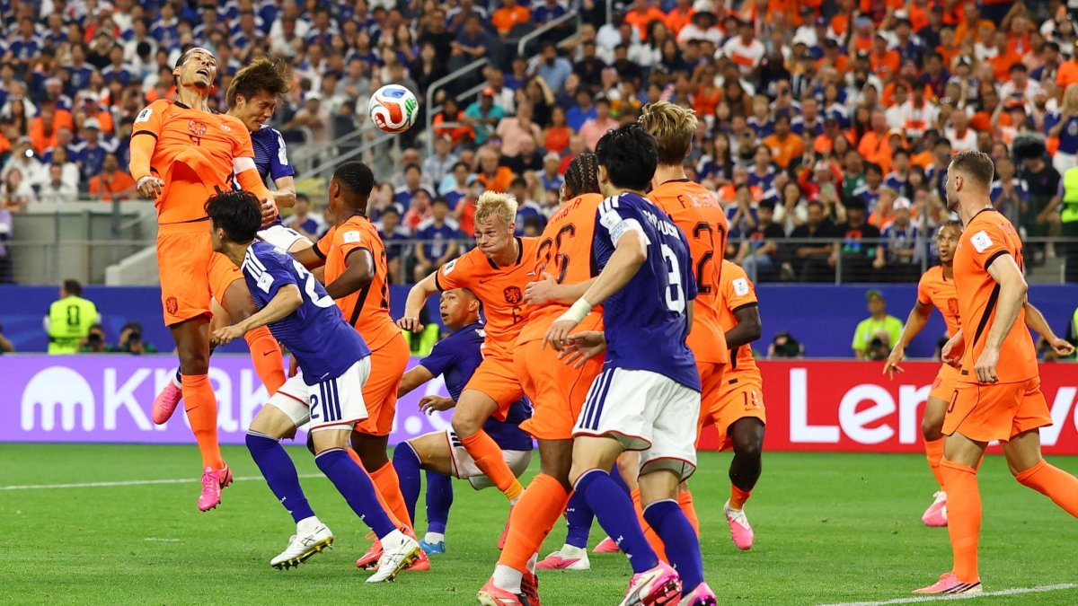 Japan's Koki Ogawa heads the ball before Daichi Kamada scores their second goal during the 2026 FIFA World Cup Group F match against the Netherlands at the Dallas Stadium, Arlington, U.S., June 14, 2026. (Reuters Photo)