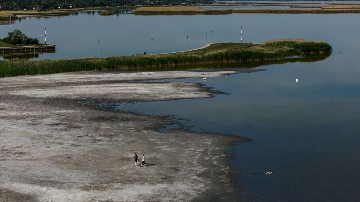 A drone view of people walking on the exposed lakebed of the drying Lake Velence, Velence, Hungary, June 9, 2026. (Reuters Photo)