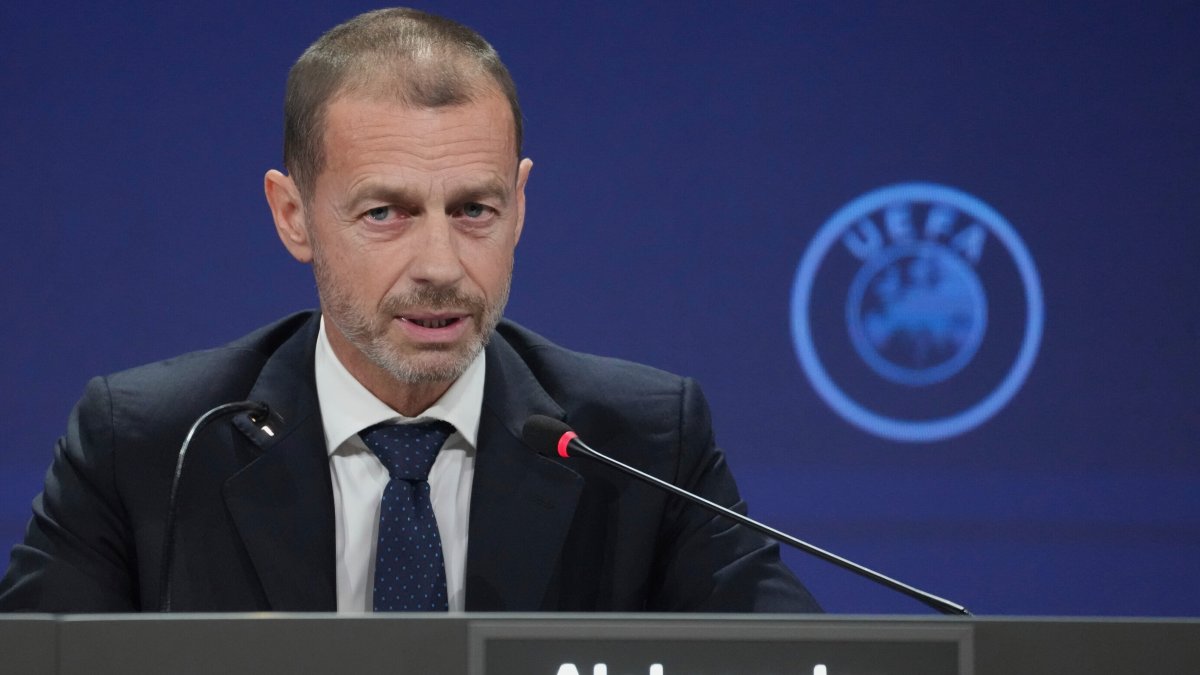 UEFA President Aleksander Ceferin speaks during a press conference after the 49th ordinary UEFA congress, Belgrade, Serbia, April 3, 2025. (AP Photo)