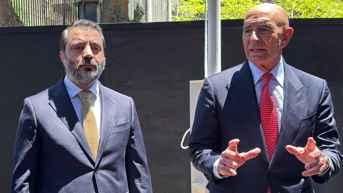 U.S. Special Envoy for Syria, Thomas Barrack, and Syrian Foreign Minister Assaad Al-Shaibani seen at an event in Damascus, Syria, May 29, 2025. (Getty Images Photo)