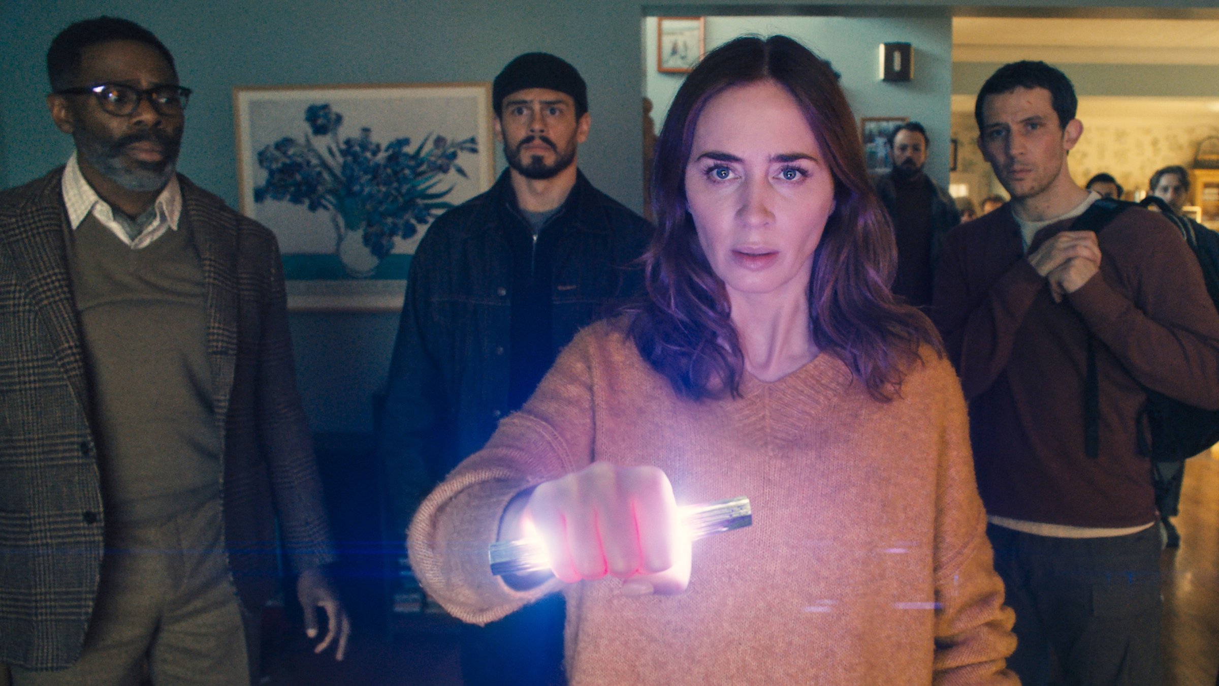 This image released by Universal Pictures shows (from left to right) Colman Domingo, Tommy Martinez, Emily Blunt and Josh O'Connor in a scene from "Disclosure Day." (AP Photo)
