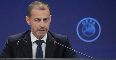 UEFA President Aleksander Ceferin speaks during a press conference after the 49th ordinary UEFA congress, Belgrade, Serbia, April 3, 2025. (AP Photo)
