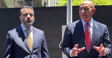 U.S. Special Envoy for Syria, Thomas Barrack, and Syrian Foreign Minister Assaad Al-Shaibani seen at an event in Damascus, Syria, May 29, 2025. (Getty Images Photo)