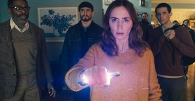 This image released by Universal Pictures shows (from left to right) Colman Domingo, Tommy Martinez, Emily Blunt and Josh O'Connor in a scene from "Disclosure Day." (AP Photo)