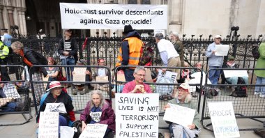 Supporters of Palestine Action demonstrate outside the High Court in London, Britain, June 15, 2026. (EPA Photo)