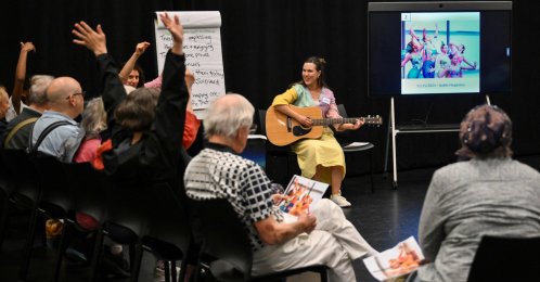 Attendees participate in a first-of-its-kind performance-based program created specifically for people living with dementia and their caregivers, Lincoln Center, New York, U.S., June 3, 2026. (AFP Photo)