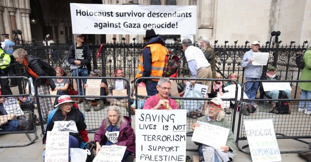 Supporters of Palestine Action demonstrate outside the High Court in London, Britain, June 15, 2026. (EPA Photo)