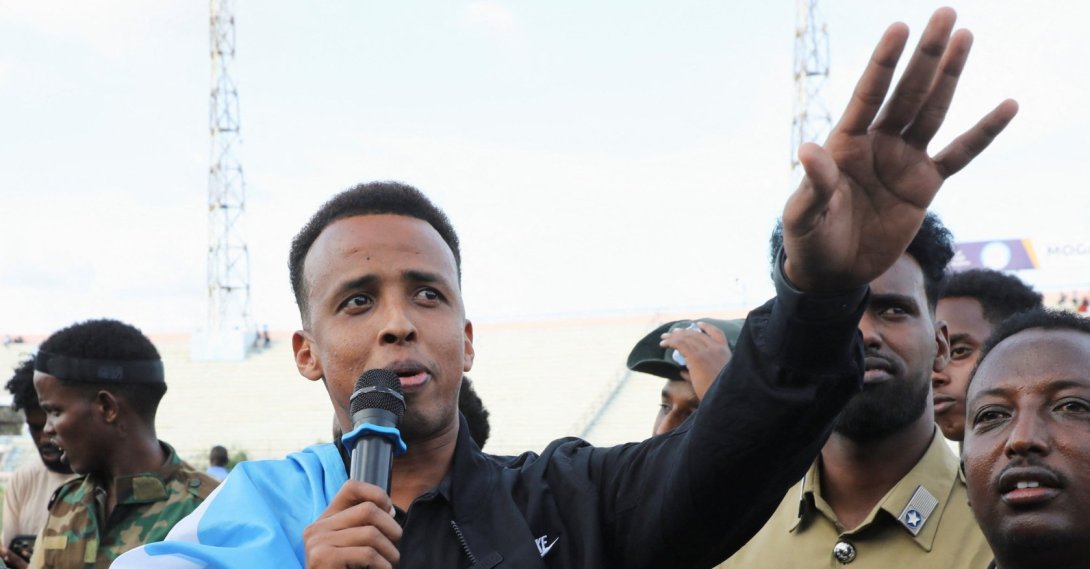 Somali referee Omar Abdulkadir Artan, who was expected to officiate at matches during the 2026 FIFA World Cup but was denied entry to U.S., addresses fans at the Mogadishu stadium, Mogadishu, Somalia, June 10, 2026. (Reuters Photo)