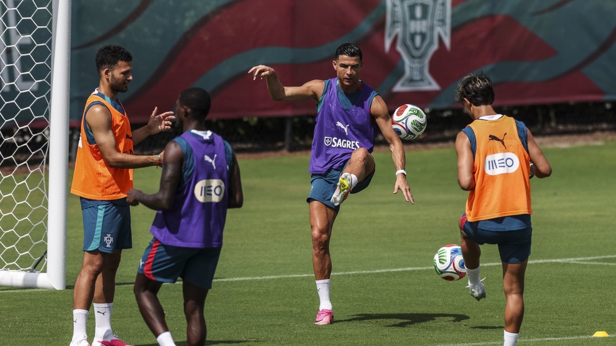 (L-R) Portugal's Goncalo Guedes, Nelson Semedo, Cristiano Ronaldo and Joao Felix during a training session of Portugal's national team at Garden District Park, Palm Beach, U.S., June 15, 2026. (EPA Photo)