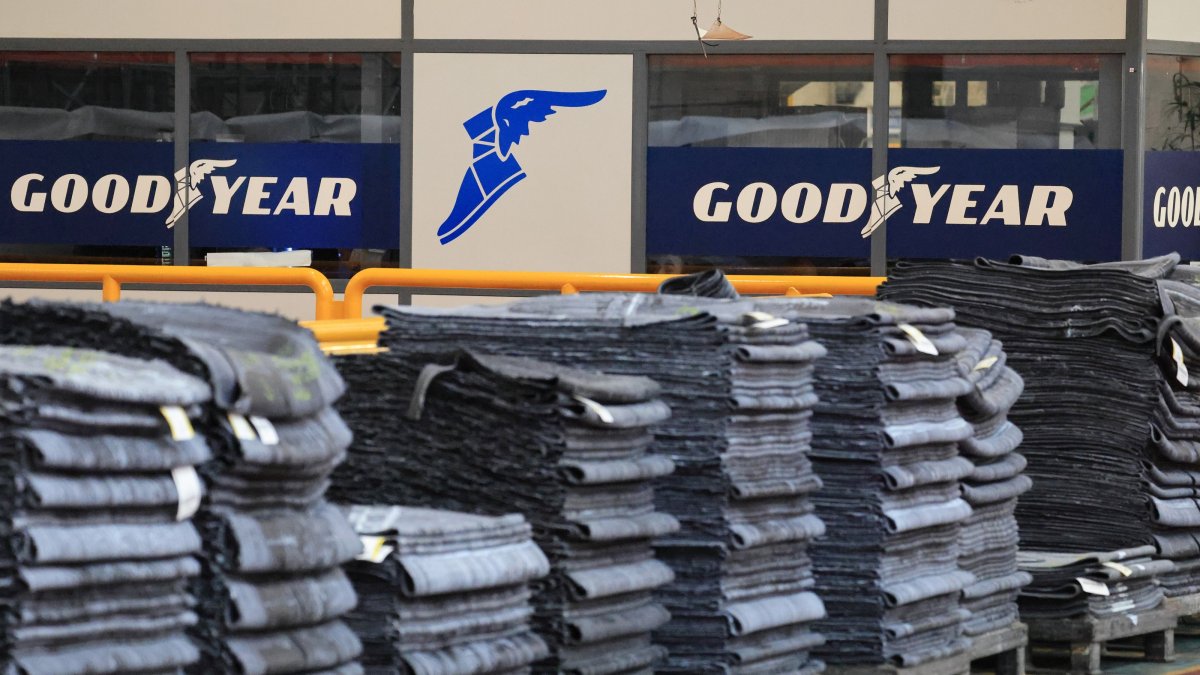 Rubber sheets used in the manufacturing of tires are displayed at the Goodyear factory in Amiens, France, June 8, 2026. (EPA Photo)