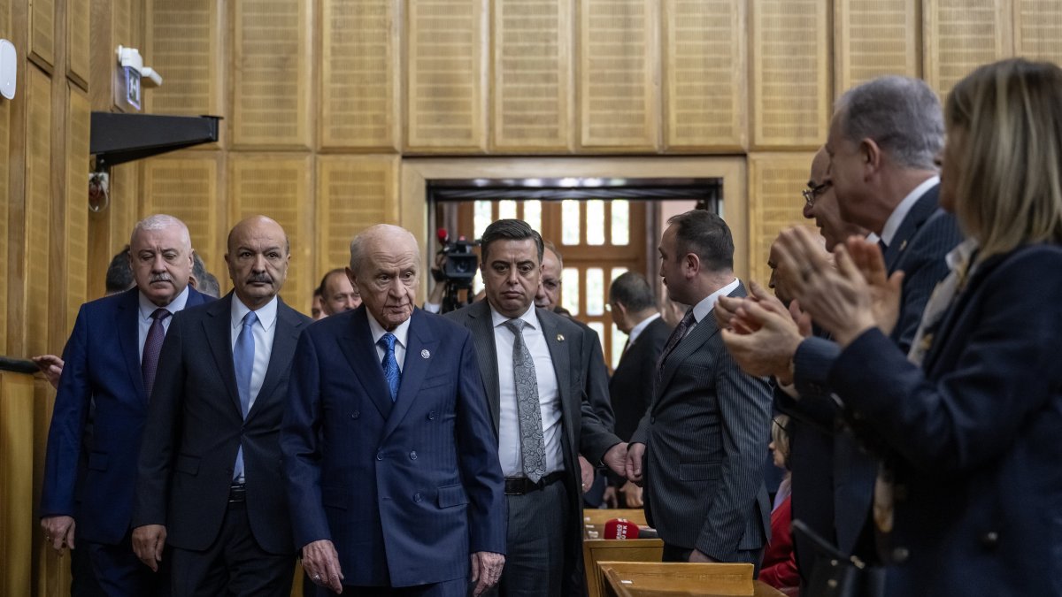 MHP leader Devlet Bahçeli arrives for his party's meeting at Parliament, Ankara, Türkiye, June 16, 2026. (AA Photo)