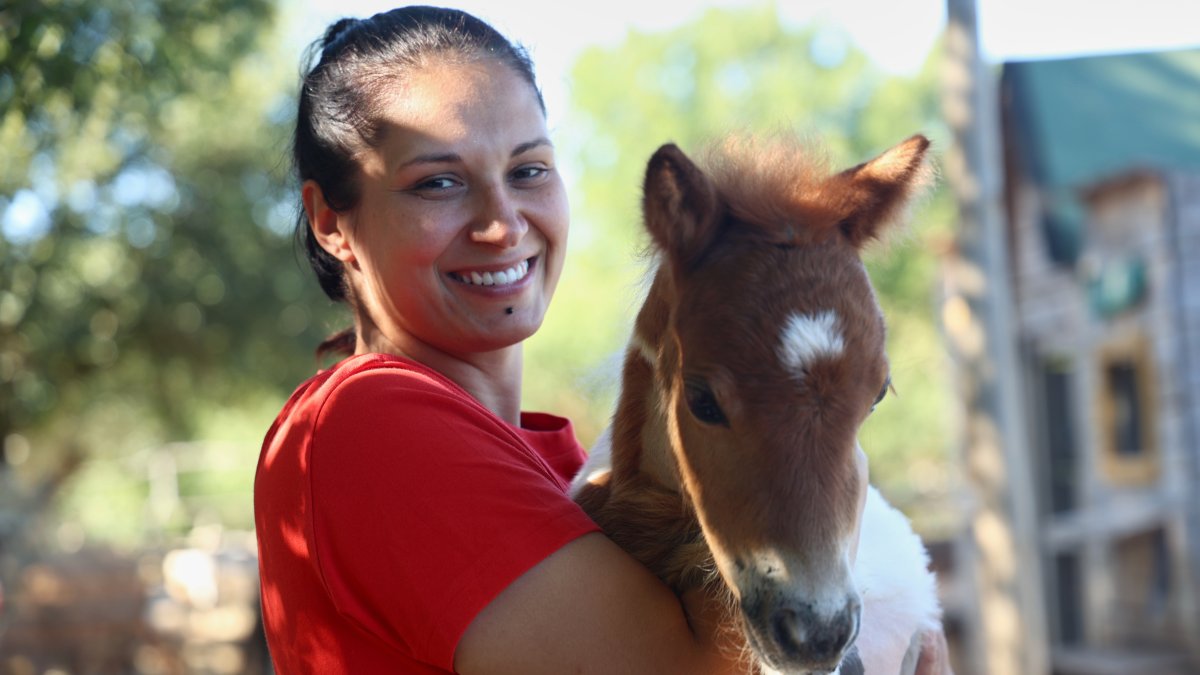 Owner Andjelka Josipovic poses with a pony named Mile at a ranch in Bale, Croatia, June 13, 2026. (AP Photo)