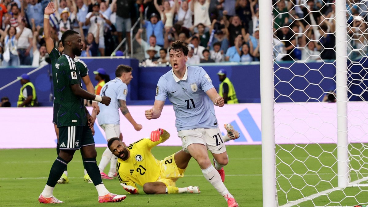 Uruguay's Maxi Araujo celebrates scoring during the 2026 FIFA World Cup Group H match against Saudi Arabia at Miami Stadium, Miami Gardens, Florida, U.S., June 15, 2026. (Reuters Photo)