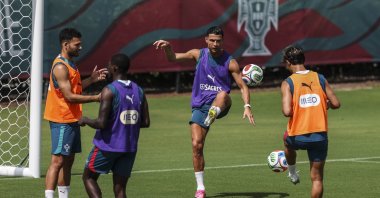 (L-R) Portugal's Goncalo Guedes, Nelson Semedo, Cristiano Ronaldo and Joao Felix during a training session of Portugal's national team at Garden District Park, Palm Beach, U.S., June 15, 2026. (EPA Photo)