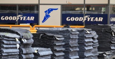 Rubber sheets used in the manufacturing of tires are displayed at the Goodyear factory in Amiens, France, June 8, 2026. (EPA Photo)