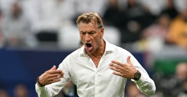Saudi Arabia's French head coach Herve Renard reacts during the FIFA Arab Cup 2025 semifinal football match between Saudi Arabia and Jordan at the Al-Bayt Stadium, Al-Khor, Qatar, Dec. 15, 2025. (AFP Photo)
