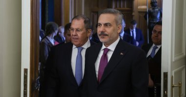 Russian Foreign Minister Sergey Lavrov (L) and Foreign Minister Hakan Fidan enter a hall during their meeting, Moscow, Russia, June 16, 2026. (EPA Photo)