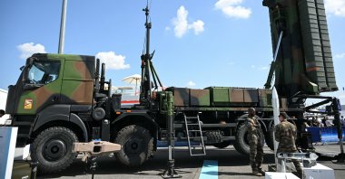 This photograph shows Franco-Italian consortium Eurosam's strategic air defence system SAMP-T NG on display at the Paris International Air Show (Salon international de l'aeronautique et de l'espace - SIAE) at the Paris–Le Bourget Airport, north of Paris, June 17, 2025. (AFP File Photo)