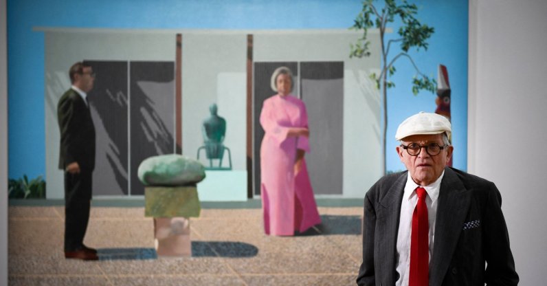 British artist David Hockney poses in front of his painting "Fred and Marcia Weisman" during a photo session at the Pompidou Centre, Paris, France, June 16, 2017. (AFP Photo)