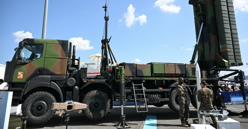 This photograph shows Franco-Italian consortium Eurosam's strategic air defence system SAMP-T NG on display at the Paris International Air Show (Salon international de l'aeronautique et de l'espace - SIAE) at the Paris–Le Bourget Airport, north of Paris, June 17, 2025. (AFP File Photo)