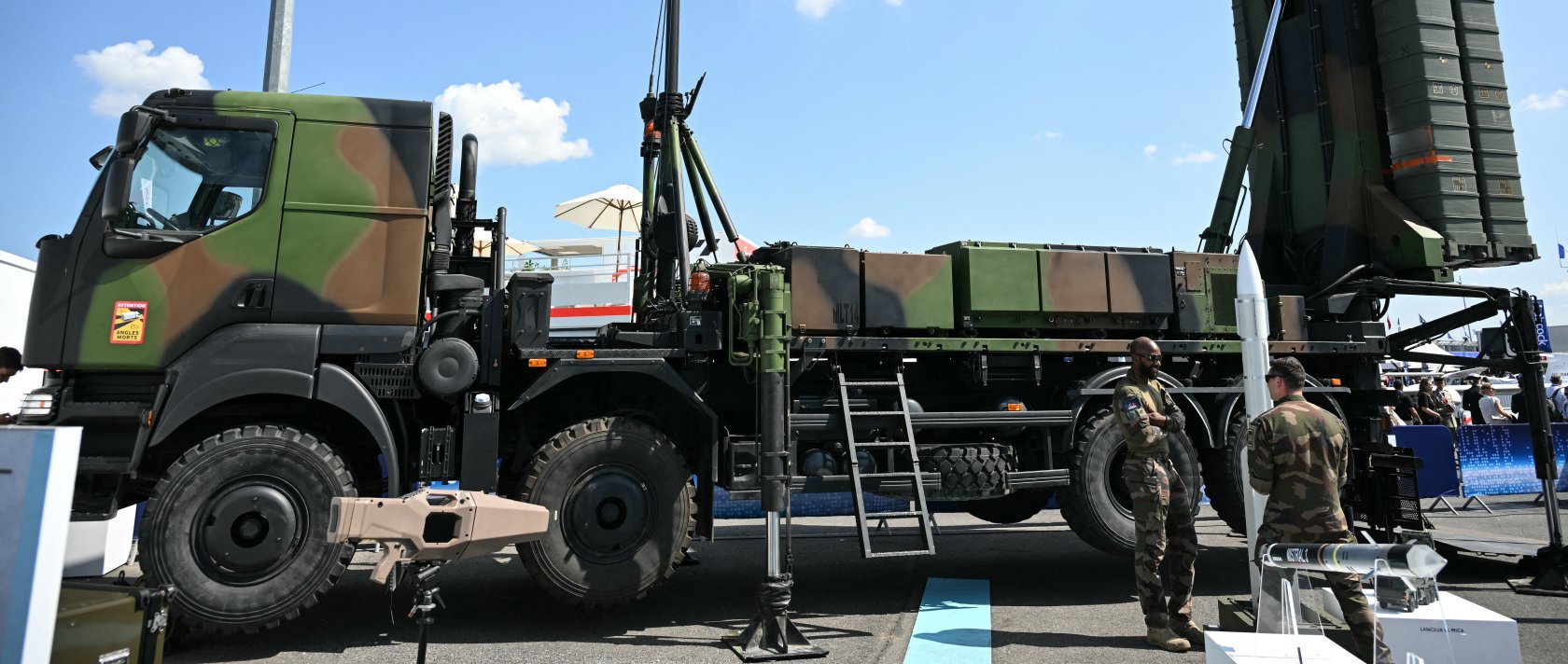 This photograph shows Franco-Italian consortium Eurosam's strategic air defence system SAMP-T NG on display at the Paris International Air Show (Salon international de l'aeronautique et de l'espace - SIAE) at the Paris–Le Bourget Airport, north of Paris, June 17, 2025. (AFP File Photo)