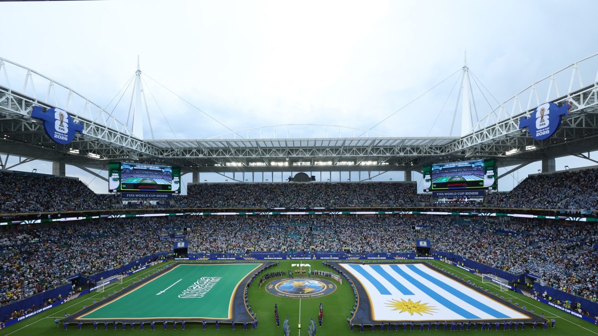 General view inside the stadium as the teams line up before the Saudi Arabia vs. Uruguay 2026 FIFA World Cup Group H match at Miami Stadium, Miami Gardens, U.S., June 15, 2026. (Reuters Photo)