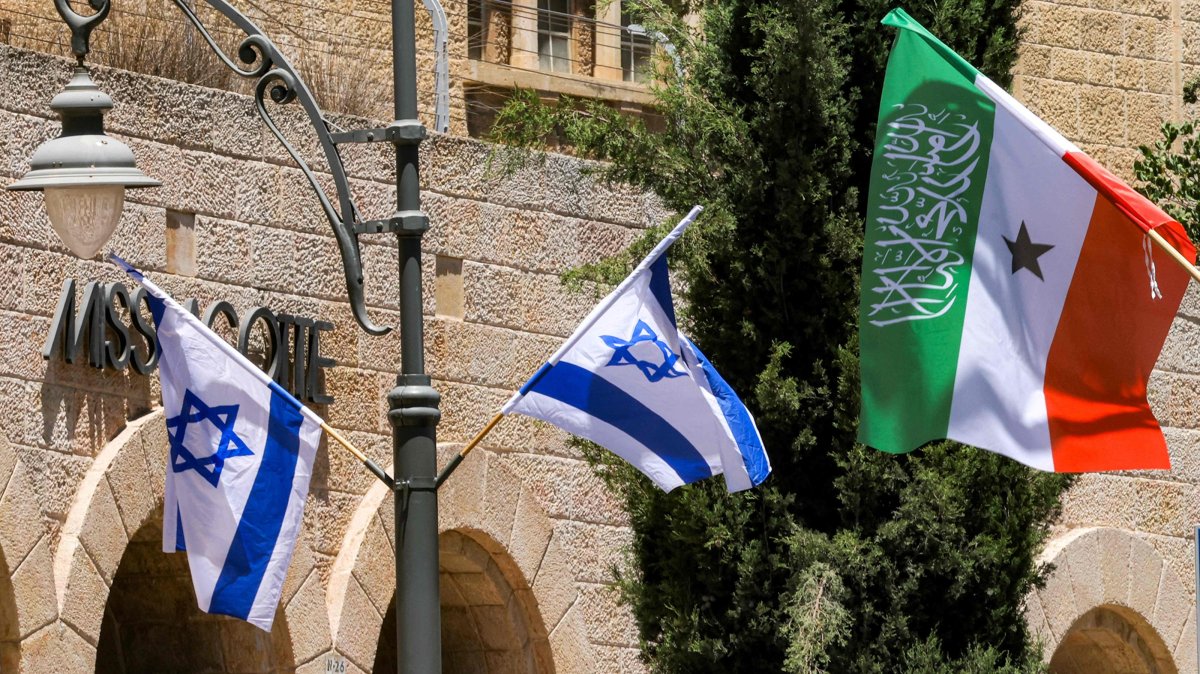 Flags of separatist Somaliland fly alongside Israeli flags on a street in west Jerusalem, June 14, 2026. (AFP Photo)