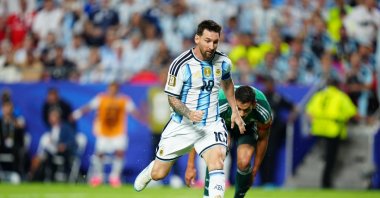 Argentina's Lionel Messi shoots and scores during the 2026 World Cup Group J football match against Algeria at the Kansas City Stadium, Kansas City, U.S., June 16, 2026. (AA Photo)