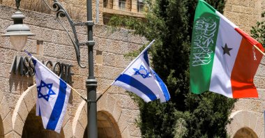 Flags of separatist Somaliland fly alongside Israeli flags on a street in west Jerusalem, June 14, 2026. (AFP Photo)