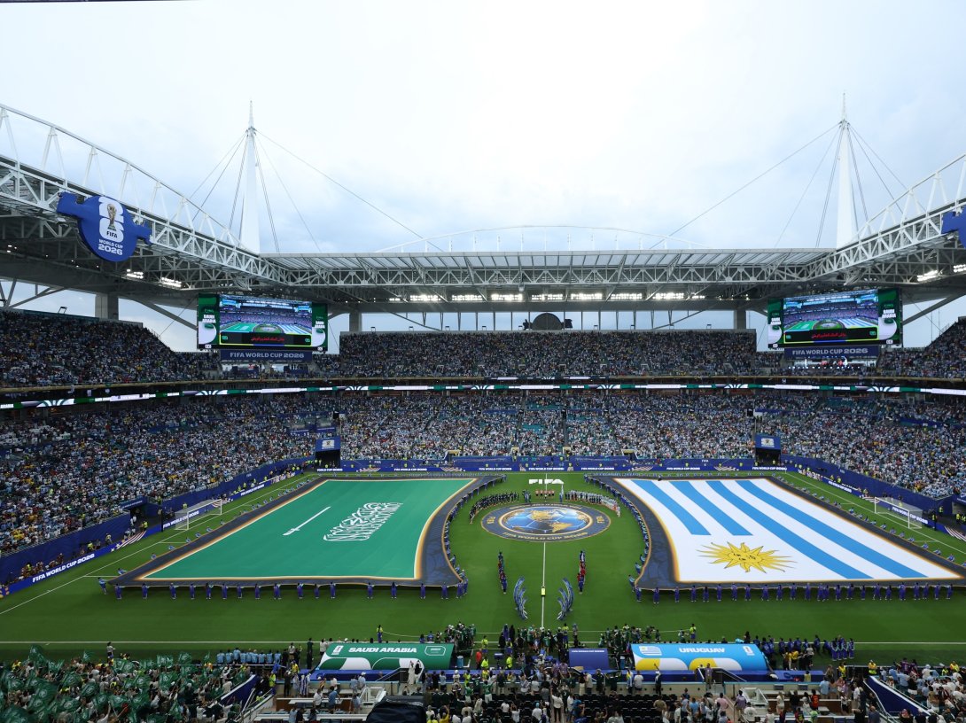 General view inside the stadium as the teams line up before the Saudi Arabia vs. Uruguay 2026 FIFA World Cup Group H match at Miami Stadium, Miami Gardens, U.S., June 15, 2026. (Reuters Photo)