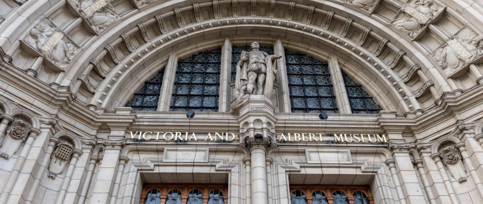 The facade and sign of the Victoria and Albert Museum in South Kensington, London, U.K., April 18, 2024. (Shutterstock Photo)