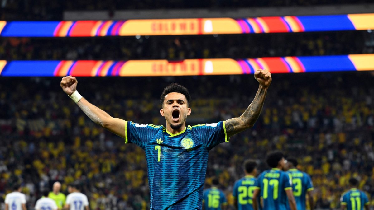 Colombia's Luis Diaz celebrates scoring his team's second goal during the 2026 World Cup Group K football match against Uzbekistan at the Mexico City Stadium, Mexico City, Mexico, June 17, 2026. (AFP Photo)